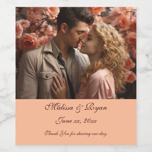 Peach Fuzz Wedding Wine Label Uw foto toevoegen Wijn Etiket (Enkel label)