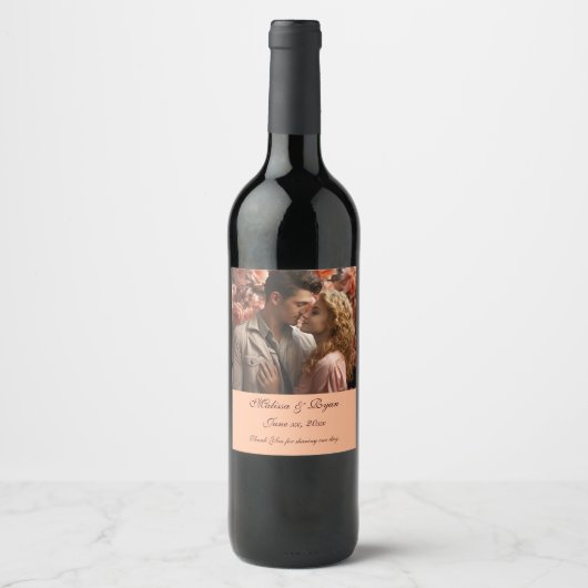 Peach Fuzz Wedding Wine Label Uw foto toevoegen Wijn Etiket (Voorkant)