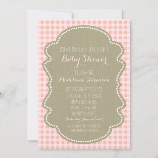 Peach Gingham Burlap Baby Shower-uitvindingen Kaart (Achterkant)