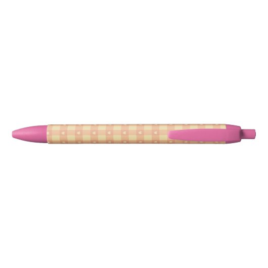 Peach Gingham Heart Pattern, Cute Kawaii Checkered Zwarte Inkt Pen (Achterkant)