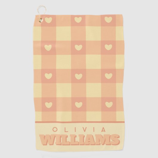 Peach Gingham Heart Pattern, Schattige Kawaii Geru Golfhanddoek (Voorkant)