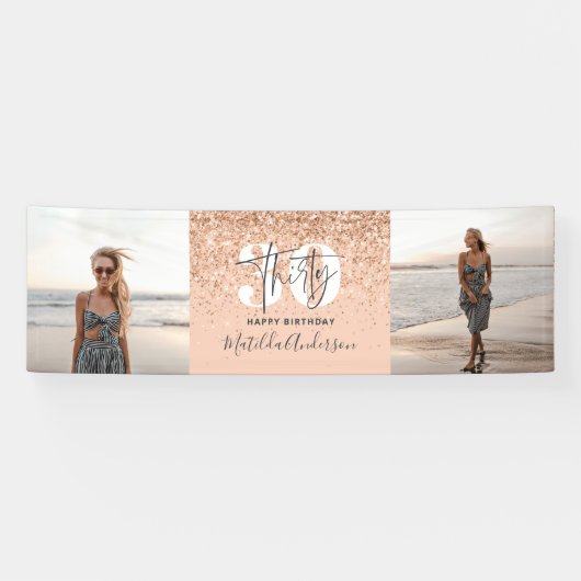 Peach girly moderne glitter chic 30 foto verjaarda spandoek (Horizontaal)