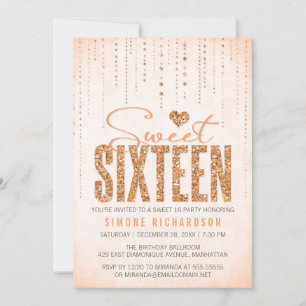 Peach Glitter look Sweet 16 (zestien) party Kaart