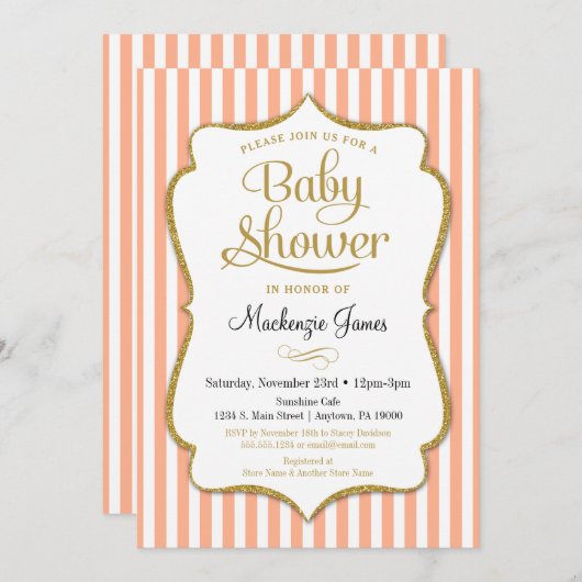 Peach Gold Baby shower Invitation Neutre Garçon Fi (Devant / Derrière)