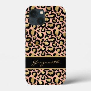 Peach Gold Black leopard Print met Jouw naam iPhone 13 Mini Hoesje