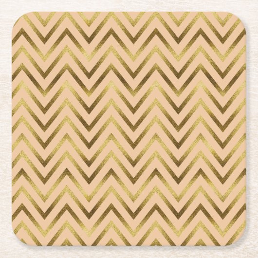 Peach & Gold Chevron Stripe Vierkante Kartonnen Onderzetter (Voorkant)