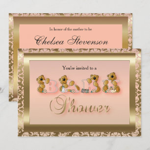 Peach & Gold Damask met Teddy Bears   BABY SHOWER Kaart