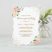 Peach Gold Floral Confetti Housewarming Party Kaart (Staand voorkant)