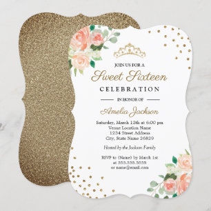 Peach Gold Floral Confetti Sweet Sixteen Uitnodige Kaart