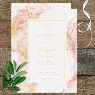 Peach & Gold Foil Marbleized Wedding Invitation Folie Uitnodiging