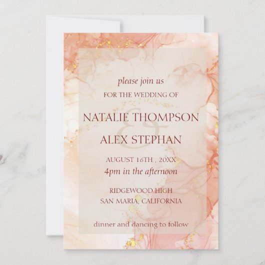 Peach Gold Marble Effect Monogram Elegant Wedding Kaart (Voorkant)