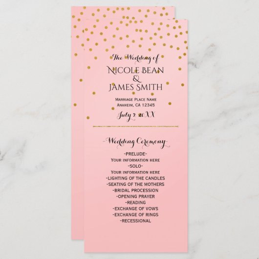 Peach & Gold Shiny Faux Foil Confetti Programme Ra (Devant / Derrière)
