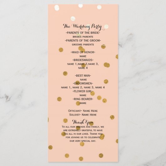 Peach & Gold Shiny Faux Folie Confetti Program rac Programma (Achterkant)