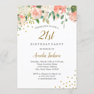Peach Gold Watercolor Bloemen 21e Verjaardagsfeest Kaart