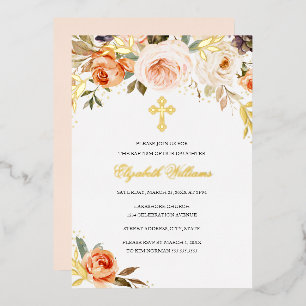 Peach Gold Waterverf Floral Girl Baptisme Folie Uitnodiging