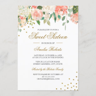 Peach Gold Waterverf Floral Sweet Sixteen Kaart