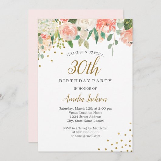 Peach Gouden Waterverf Bloemen 30ste Verjaardagsfe Kaart (Voorkant / Achterkant)
