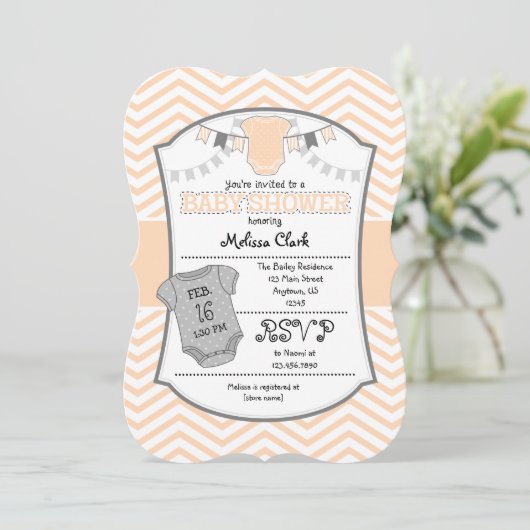 Peach Gray Chevron Baby shower Uitnodiging (Staand voorkant)