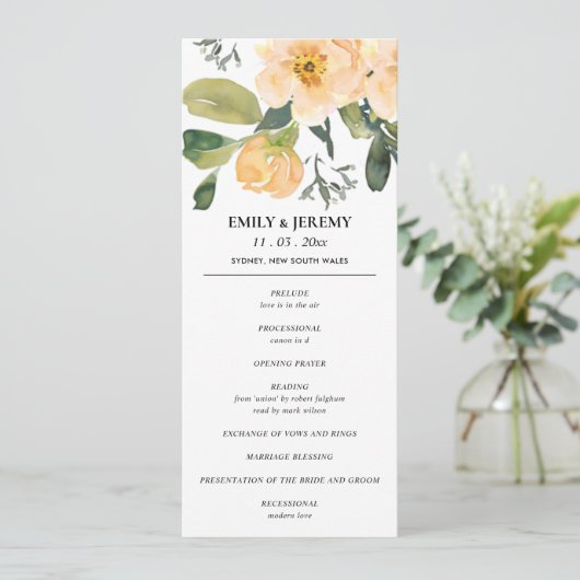 PEACH GRAY PEONY FLORAL WATERVERF WEDDING PROGRAMM MENU (Staand voorkant)