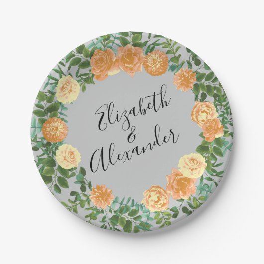 Peach Gray Wedding Spring Floral Papieren Bordje (Voorkant)