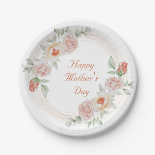 Peach Green Floral Elegant Happy Moederdag Papieren Bordje