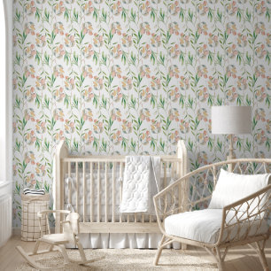 Peach & Green Leaves Vines Pattern Behang