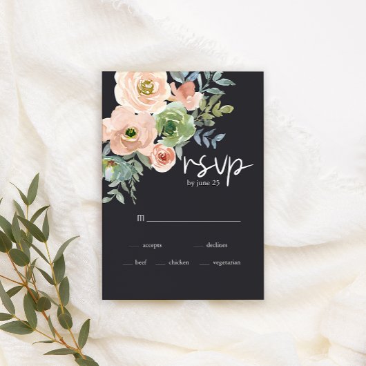 Peach Green Navy Pastel Floral Wedding Carte RSVP