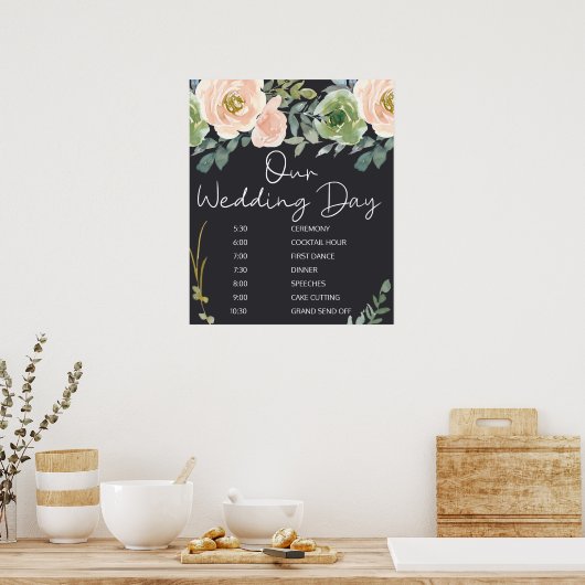 Peach Green Navy Pastel Floral Wedding Schedule Poster (Keuken)
