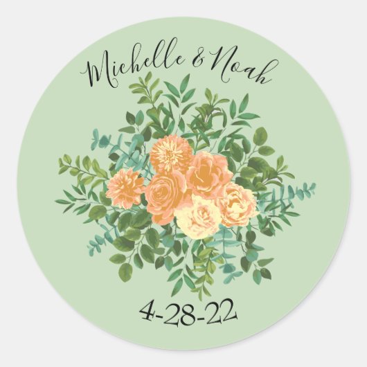 Peach Green Wedding Spring Pastel Floral Ronde Sticker (Voorkant)