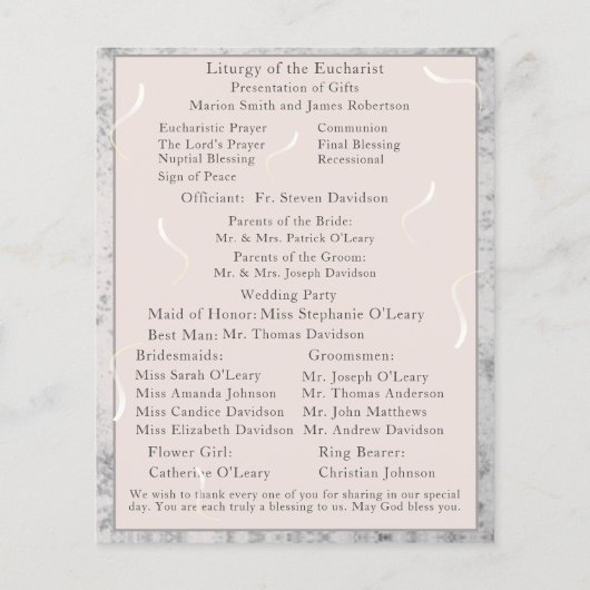 Peach & Grey Marmeren Nuptial Mass Programma (Achterkant)