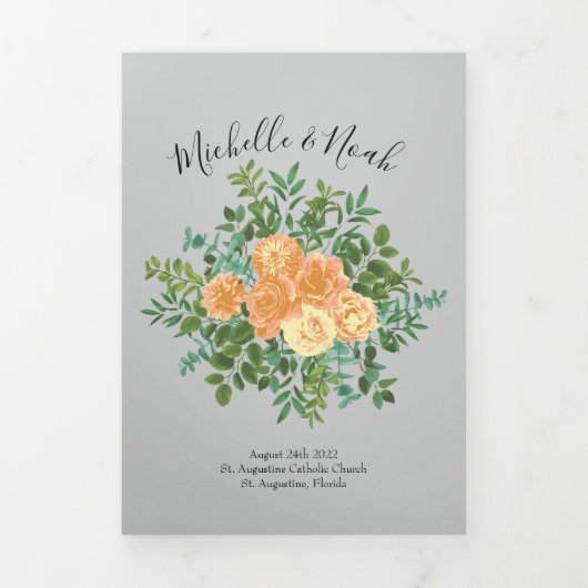 Peach & Grey Peony & Rose Floral Wedding Programme (Page de couverture)