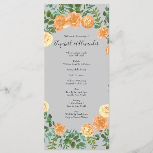 Peach & Grey Peony & Rose Floral Wedding Programme (Devant)