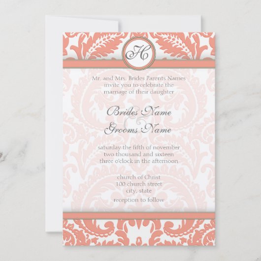 PEACH Grey Victorian Mariage damassé Invitations (Devant)