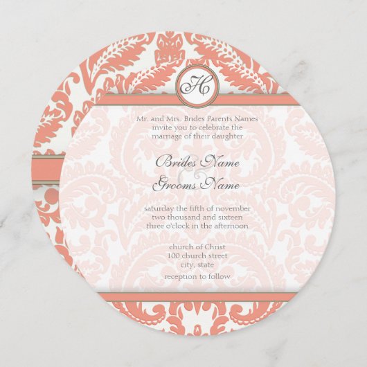 PEACH Grey Victorian Mariage damassé Invitations (Devant / Derrière)