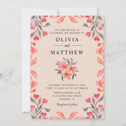 Peach Grey Waterverf Botanical Wedding Kaart (Voorkant)