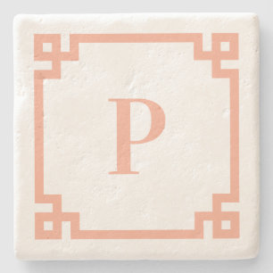 Peach Griekse Key Border Monogram Stenen Onderzetter
