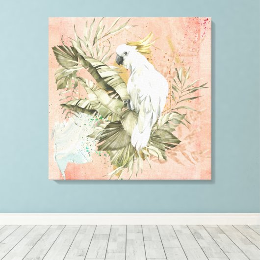 Peach Grunge Boho Bloemenvogel Canvas Afdruk (Insitu (Houten vloer))