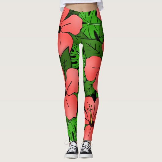 Peach Hibiscus & Monstera Leggings (Voorkant)