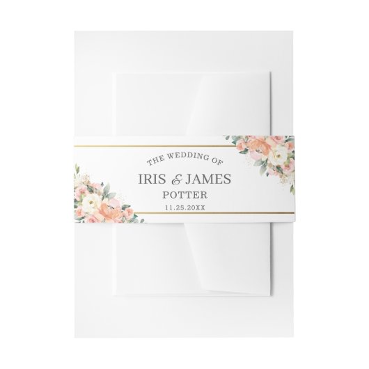 Peach ivory Blush Floral Gold Greenery Wedding Uitnodigingen Wikkel (Voorkant Voorbeeld)
