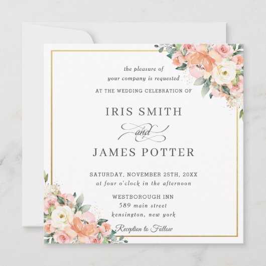 Peach ivory Blush Floral Gold Wedding Square Kaart (Voorkant)