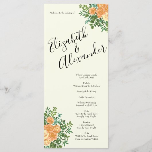 Peach Ivory Wedding Roos Menu (Voorkant)