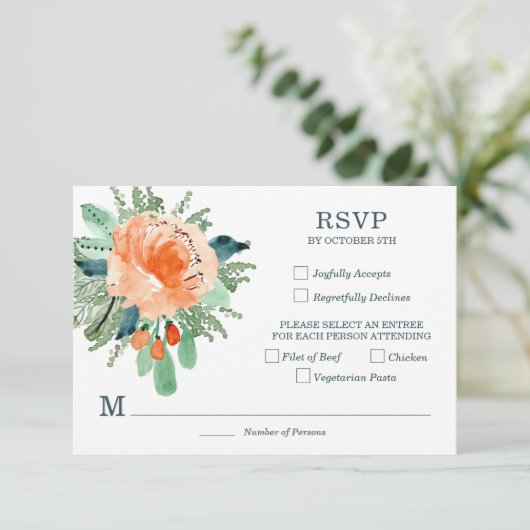 Peach Jade Blauwgroen Floral Wedding RSVP-kaarten RSVP Kaartje (Staand voorkant)