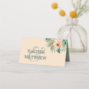 Peach Jade Blauwgroen Waterverf Wedding Plaatskaar