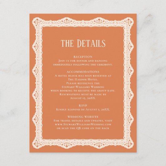 Peach Lace Details Reception Information Wedding Informatiekaartje (Voorkant)
