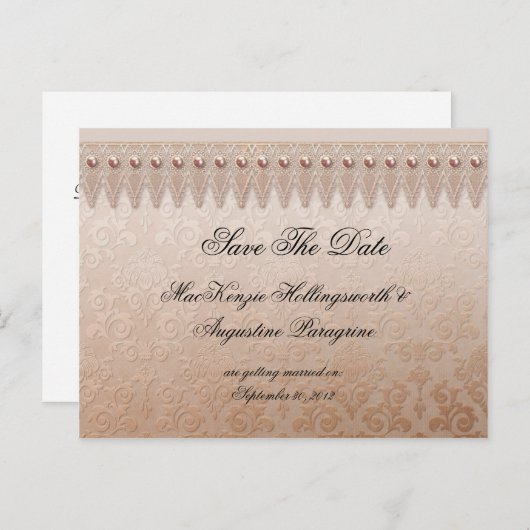 Peach Lace en Damask Bewaar de datum Aankondigingskaart (Voorkant / Achterkant)