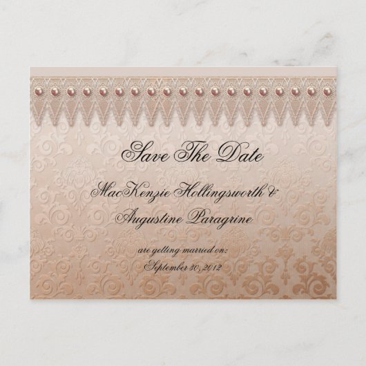 Peach Lace en Damask Bewaar de datum Aankondigingskaart (Voorkant)