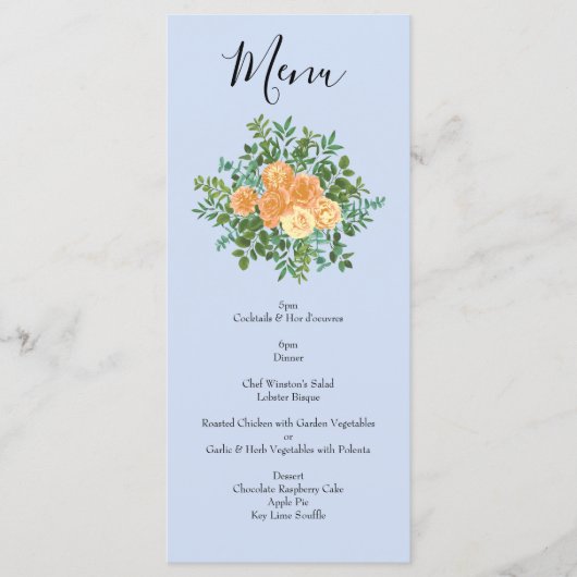Peach Light Blue Peony & Rose Floral Mariage Menu (Devant)