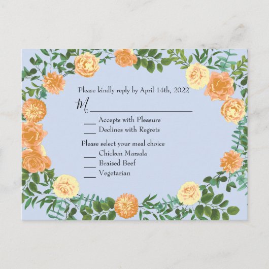 Peach Light Blue Wedding Rozen Floral Briefkaart (Voorkant)