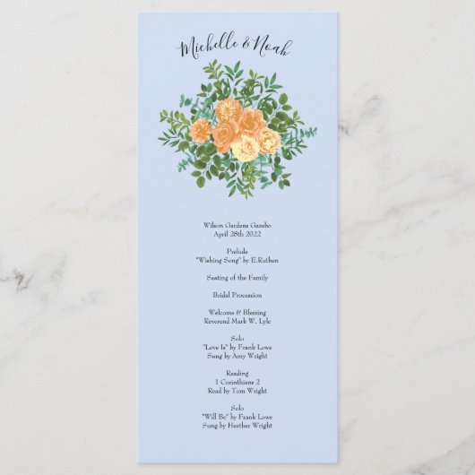 Peach Light Blue Wedding Rozen Floral Menu (Voorkant)