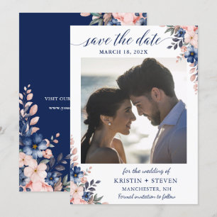 Peach marine Blue Floral foto Save the Date Kaart